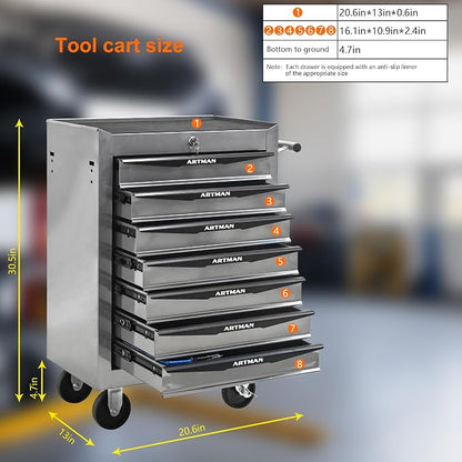 RYH 7 Drawers Rolling Tool Chest & Tool Box on Wheels | Heavy Duty Metal Cart with Ball Bearing Drawers | Fits US General Tool Box for Garage Storage (Silver, 7 Drawers（30.5" H × 20.9" W × 13" D)
