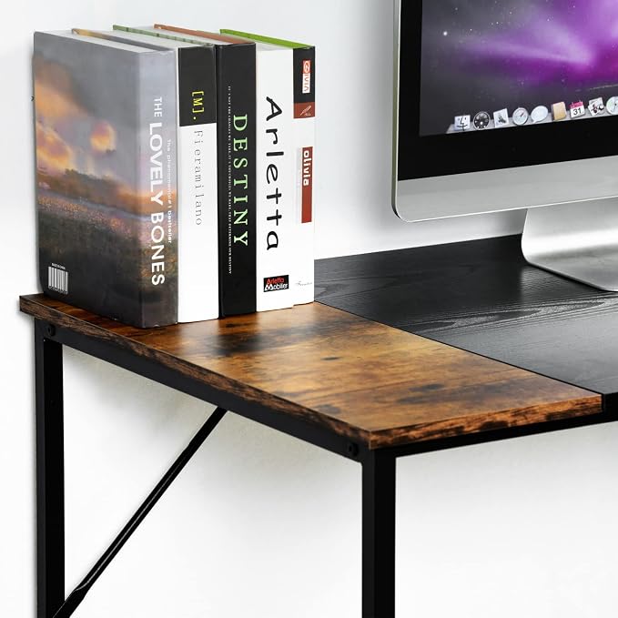 FurnitureR 47.2 inch Study Writing Table with Storage Shelves Space Saving for Home Office, Modern Simple Style PC Metal Frame Computer Desk, Black&Brown