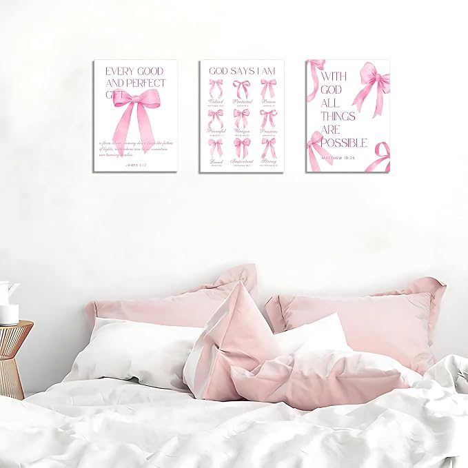 Coquette Pink Bow Wall Art Decor Canvas Posters Framed, Inspirational Bible Verses Bow Wall Decor,Room Bedroom Bathroom Decor Aesthetic for Teen Girls Gifts, 12x16 Inch Set of 3 Bow Pictures