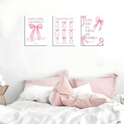 Coquette Pink Bow Wall Art Decor Canvas Posters Framed, Inspirational Bible Verses Bow Wall Decor,Room Bedroom Bathroom Decor Aesthetic for Teen Girls Gifts, 12x16 Inch Set of 3 Bow Pictures
