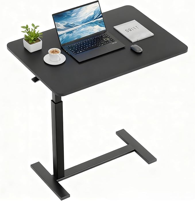 Overbed Bedside Table with Hidden Casters, Adjustable Pneumatic Mobile Laptop Computer Standing Desk, Rolling Laptop Table, Movable Overbed Table Hospital Home Use, Black