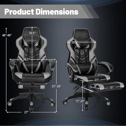 Goplus Gaming Chair, Computer Chair with Footrest and Lumbar Support, Height Adjustable Executive Swivel Rolling Task Chair with 90°-155° Tilt Function (Grey)