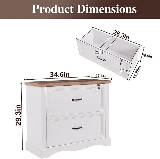 34.6" Farmhouse File Cabinet,Wood File Cabinet with Hanging File Folders,Top Drawer Lockable,Lateral Filing Cabinet for Home Office Compatible with Letter/Legal/A4 Size (2)