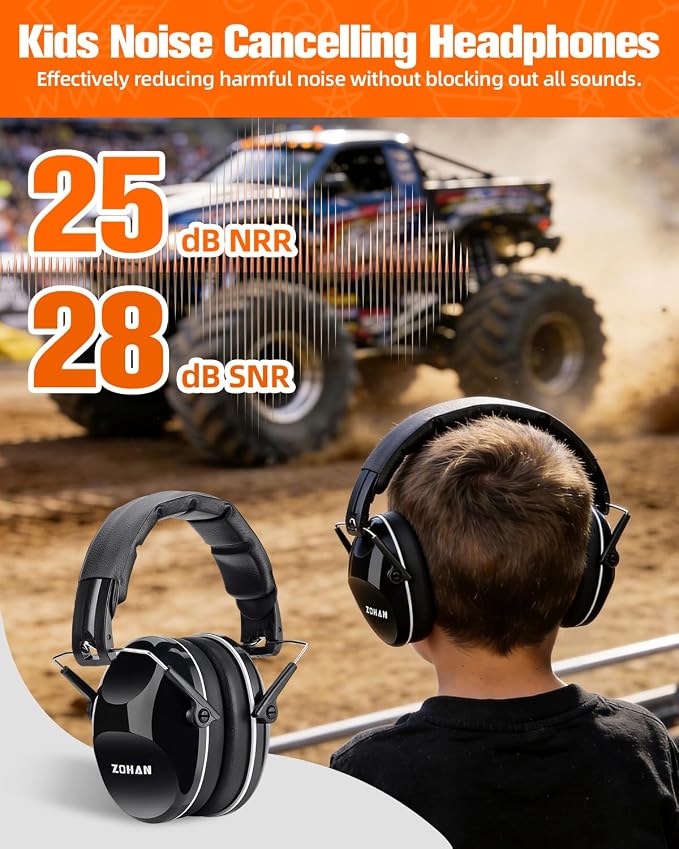 ZOHAN 032 Kids Noise Canceling Headphones - 25dB NRR Kids Ear Protection Earmuffs for School, Monster Jam, Fireworks, Travel, Air Show, Concert, Autism - Black
