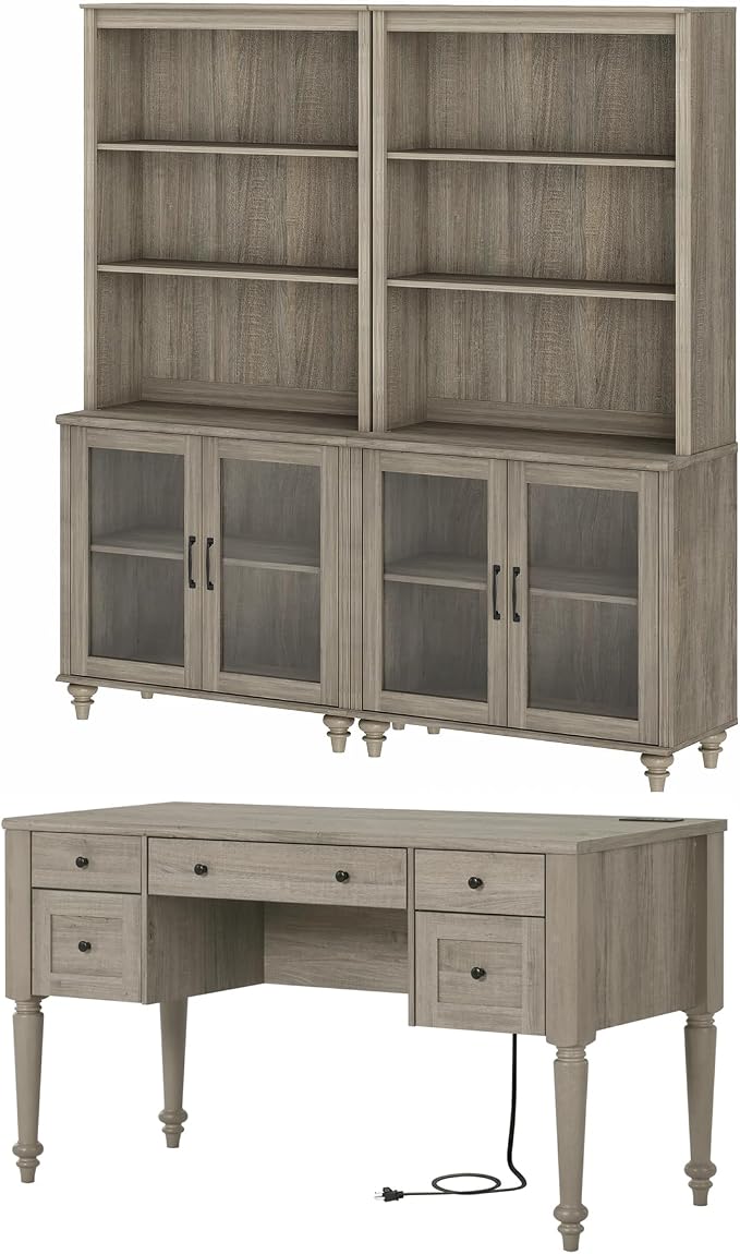 WAMPAT Home Office Furniture Set, 56'' Executive Desk with Charging Station, 72" Tall Bookcase with 4 Glass Doors, Wood Computer Desk with File Cabinet Storage, Open Shelf, Wash Grey