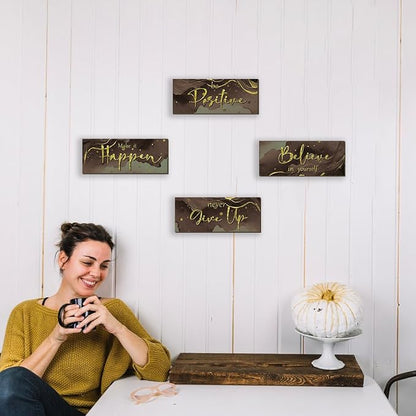 FENCORDAR 4 Piece Brown and Gold Wall Decor Set Motivational Wall Decor Inspirational Wooden Signs for Bedroom Bathroom Women’s Office Abstract Elegant Art for Home or Office Decoration 10X4 Inches