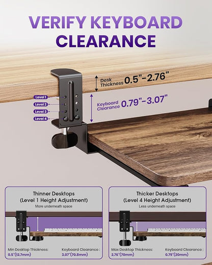 Ergonomic Keyboard Tray Under Desk, Pull Out with Adjustable C-clamp, 25.6 (31.5 Including Clamps) x 11.8 Inch Slide Out Computer Keyboard Drawer Mouse Tray for Typing, Large & Rustic Brown