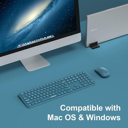2.4GHz Full Size XTREMTEC Wireless Keyboard and Mouse Combo,Ultra Slim Silent Cute Aesthetic Retro Round Keycap Keyboard,Cordless Quiet Blue Keyboard and Mouse Wireless for Windows,Mac OS (Blue)