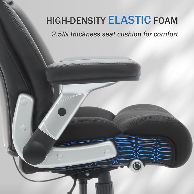 600lbs Big and Tall Office Chair with Flip Arms, Wide Plus Size Chair with Adjustable Lumbar Support for Heavy People, Ergonomic Chair with Breathable Leather, Quiet Rubber Wheels, Black