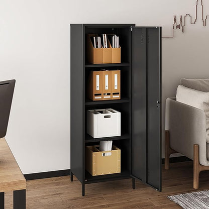 Steehoom Metal Locker Cabinet with Lock, Lockable Single Door Storage Cabinet Steel File Locker with 3 Adjustable Shelves for Living Room, School, Garage, Home, Office, Pantry (Black, H59.06'')