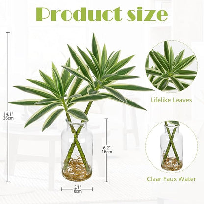 GnFlus Artificial Plants Stems in Glass Vase with Faux Water,Fake Silk Plant Dracaena Leaves for Centerpiece Table Decorations Farmhouse Wedding Home Greenery Decor (Green and White)