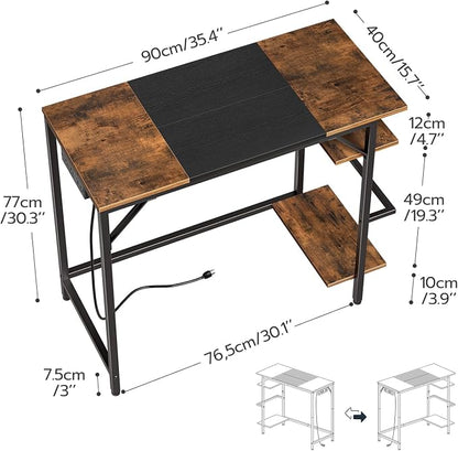 HOOBRO Small Computer Desk, Home Office Desk with Power Outlet, Writing Desk with 2 Shelves, Modern Small Desk for Home Office, Study, Easy to Assemble, Rustic Brown and Black BF43UDN01