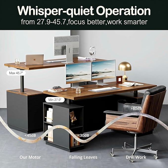 ModernMate 71" Standing Desk with File Cabinet, AC/USB, 1.18" Desktop, L Shaped Height Adjustable Desk, Electric Furniture Set with Multiple Functions for Home and Office, Black Walnut