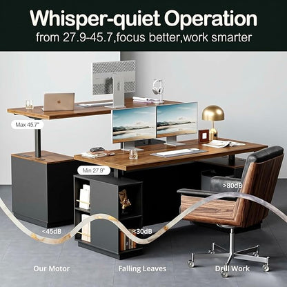 ModernMate 71" Standing Desk with File Cabinet, AC/USB, 1.18" Desktop, L Shaped Height Adjustable Desk, Electric Furniture Set with Multiple Functions for Home and Office, Black Walnut
