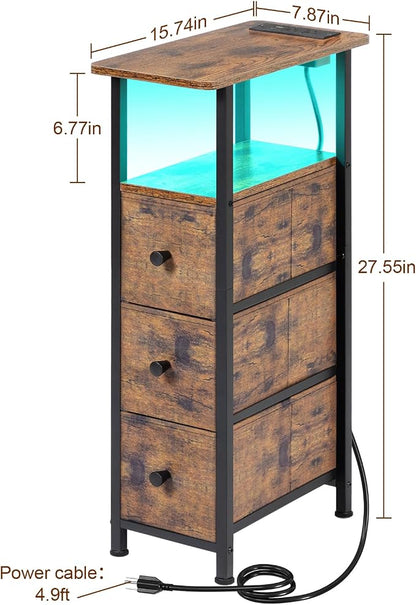LOAKEKEL Narrow End Tables Living Room Set of 2 with Charging Station, Skinny Side Table with Fabric Drawers, Slim LED Nightstand for Bedroom, Small Spaces, Couch, Rustic Brown, HETNDP03LPBR