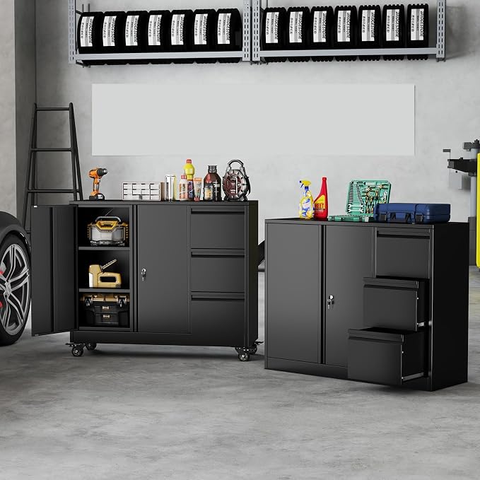 3 Drawer Metal File Cabinet with Wheels, Lockable Mobile Lateral Filing Cabinet for Home Office, Unique Gooseneck Edge Design, Fits Letter/A4/Legal Size, Under Desk Storage Cabinet, Black