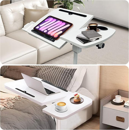 Medical Adjustable Overbed Bedside Table Teacher Podium Laptop Computer Cart Mobile Laptop Desk with 2 Tilting Desktops,Cup Holde,Drawer，Wheels for Office, Home and Classroom (White)