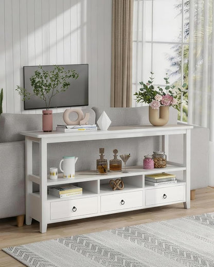 Karl home Console Table with 3 Bottom Drawers, 57.9" W Sofa Side Table Entryway Desk with 3 Storage Cubbies 1 Open Shelf, Vintage TV Stand for Hallway Living Room Office, White 29.9" H