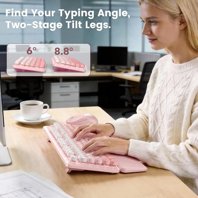 Wireless Keyboard and Mouse Combo, Magnetic Soft-Touch Wrist Rest, Round Keycaps, Full-Size Retro Typewriter Keyboard, 2-Stage Tilt Legs, Auto Sleep, 2.4GHz Cordless for Windows PC, Blush Pink Ombre