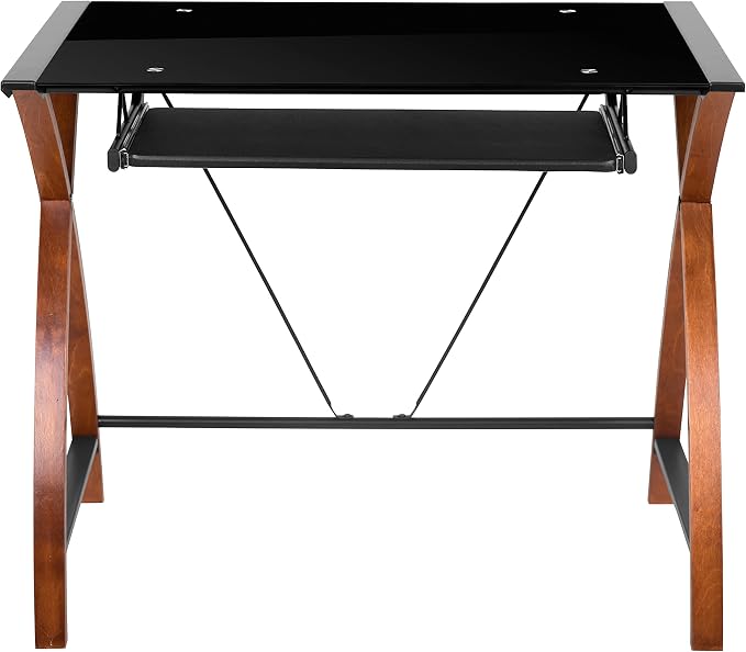 EMMA + OLIVER Black Glass Computer Desk with Pull-Out Keyboard Tray and Crisscross Frame