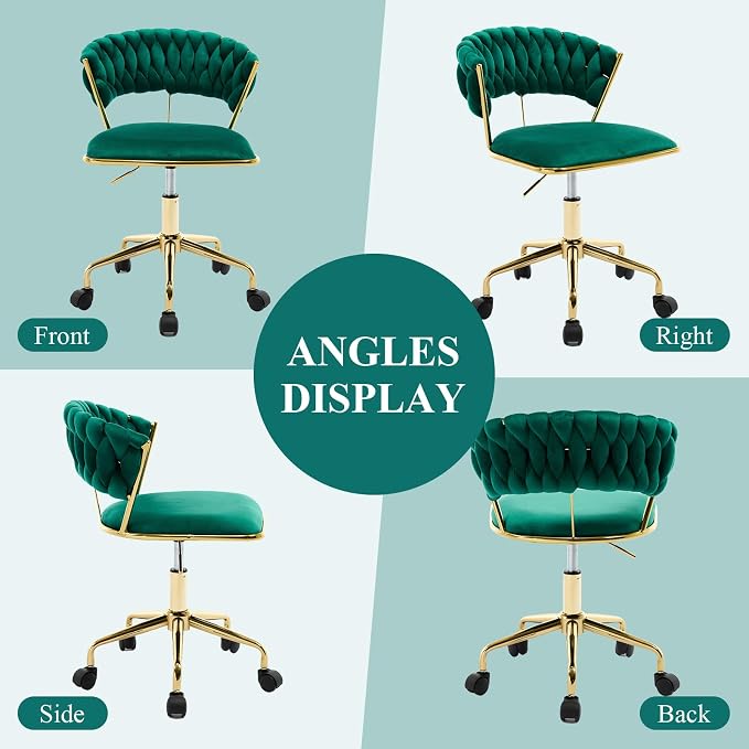 NIOIIKIT Home Office Chair, Velvet Upholstered Task Chair with Woven Open Back, 360° Swivel Desk Chair with Wheels, Adjustable Vanity Chair, Computer Chair for Office, Studio (Emerald)