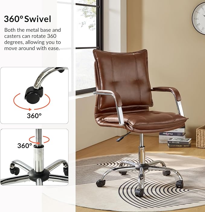 HULALA HOME Faux Leather Home Office Desk Chair, Adjustable Swivel Computer Chair with Sliver Legs and Arms, Comfy Upholstered Task Chair(Brown)