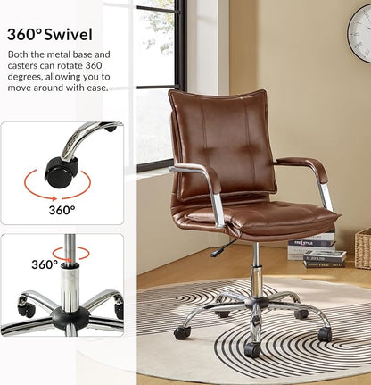 HULALA HOME Faux Leather Home Office Desk Chair, Adjustable Swivel Computer Chair with Sliver Legs and Arms, Comfy Upholstered Task Chair(Brown)