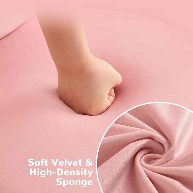 Furniliving Round Velvet Vanity Chair with Wheels, 360° Swivel Armless Desk Chair, Adjustable Height Rolling Makeup Chair for Bedroom Study Room, Pink