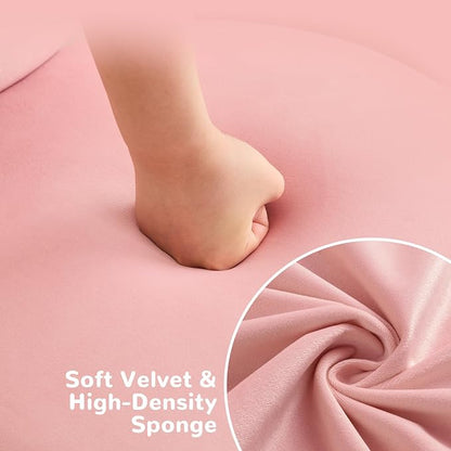 Furniliving Round Velvet Vanity Chair with Wheels, 360° Swivel Armless Desk Chair, Adjustable Height Rolling Makeup Chair for Bedroom Study Room, Pink