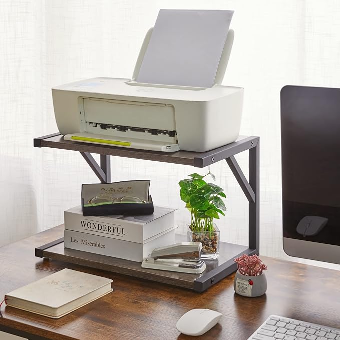 IBUYKE 2-Tier Desktop Printer Stand Holder, Multi-Purpose Desk Organizer Storage Shelf, Book Shelf Printer Shelf for Fax Machine, Scanner, Files, Books, Dark Grey UTLJ004G