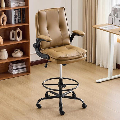 Karl home Tall Drafting Chair, Faux Leather Khaki | 330Lbs Capacity, Tall Office Chair for Standing Desk, Adjustable Height with Foot Ring, Flip-Up Armrests, PU Executive Chair