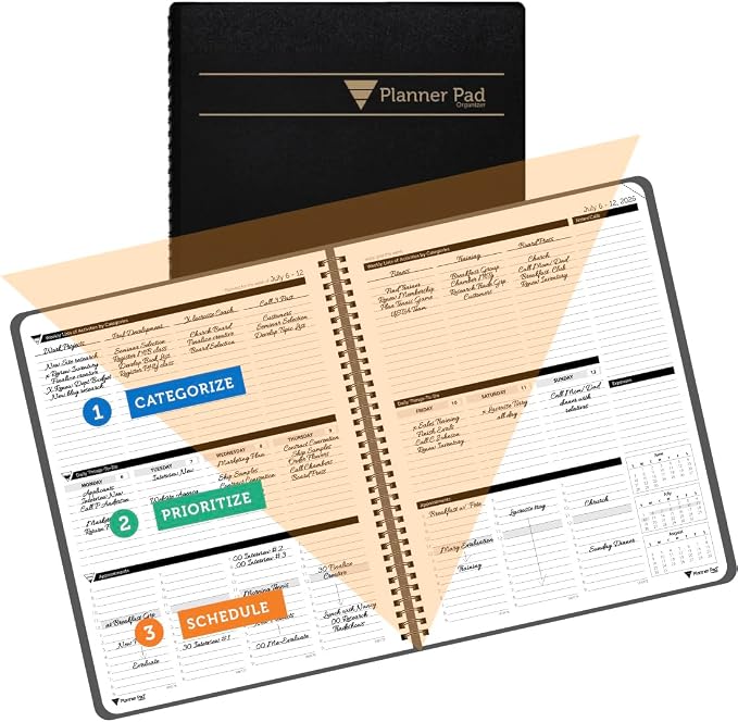 Planner Pad Spiral Bound July 2026 – June 2027 / Academic Year 8 1/2" x 11" Large 3-Tier Funnel Down 12 Month/Weekly Organizer, Black Cover/Black Ink