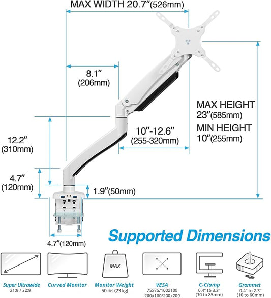 AVLT Single Monitor Arm Desk Mount for 17-49" Screens, Heavy Duty - White | Supports flat/curved/ultrawide screens up to 50 lbs. Gas spring lift, USB 3.0/AUX ports, VESA and cable management.