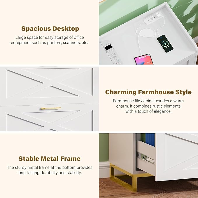 Halitaa File Cabinet 3 Drawers Lateral File Cabinet with Charging Station for Letter/Legal/A4 Size Hanging Files, Large Wood File Storage Cabinets Printer Stand for Home Office, White and Gold