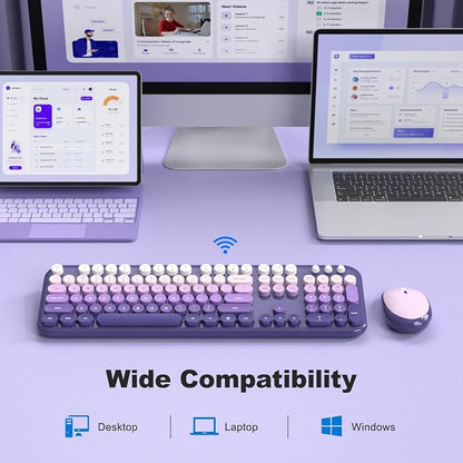 KNOWSQT Wireless Keyboard Mouse Combo - Lovely Purple-Gradient Rainbow Full-Sized Typewriter Colorful Keyboards, Round Keycap Plug Play Retro Cute Keyboards for Windows, Laptop, PC, Desktop, Computer