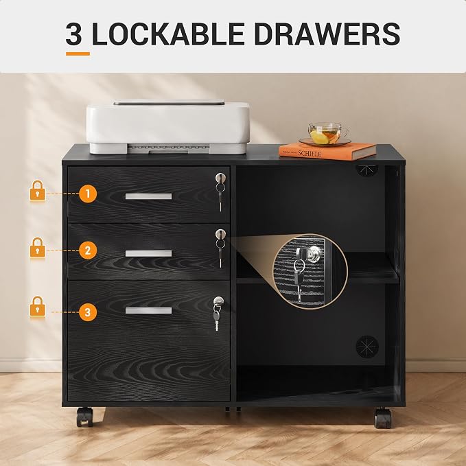 DEVAISE 3-Drawer Wood File Cabinet with Lock, Mobile Lateral Filing Cabinet, Printer Stand with Open Storage Shelves for Home Office, Black
