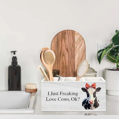 Cow Gifts Pen Holder for Desk, Funny Cute Bow Farm Animal Pencil Organizer, Cow Gifts for Women CowLovers, I Just Freaking Love Cows Wooden Pen Holder Desk Accessories Decor for Home Office