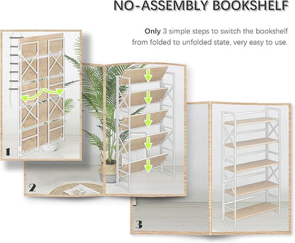 4NM Extra Wide 5 Tiers No Assembly Book Shelves, 51.2" H Folding Bookshelf Bookcase Open Industrial Foldable Shelves for Bedroom, Living Room, Home Office - Natural White
