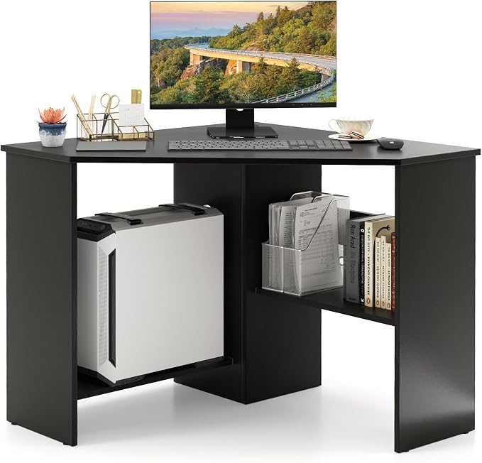 Giantex Corner Desk, Space-Saving Triangle Computer Desk with Storage Shelves & CPU Stand, Modern Makeup Vanity Table for Bedroom, Writing Desk for Small Spaces (Black)