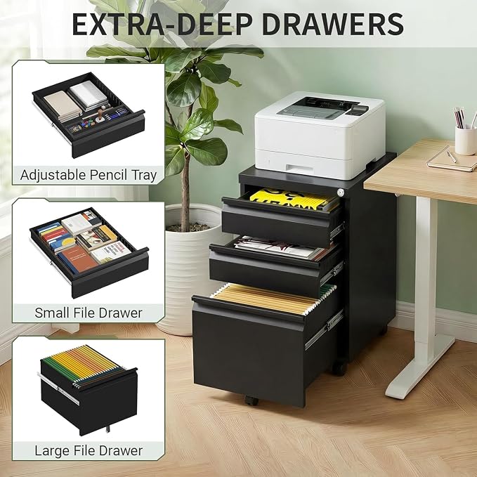 3 Drawer Metal File Cabinet with Lock, Fully Assembled Mobile Filing Cabinet on Wheels, Under Desk Office Storage Organizer for Letter/Legal/A4 Files, Black