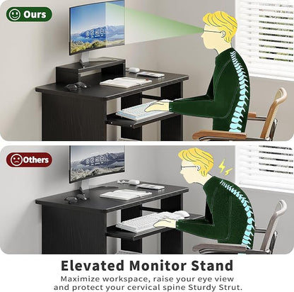 ALISENED 30" Small Computer Desk with Keyboard Tray Monitor Stand, Study Writing Desk with Storage Shelves, Modern Workstation for Small Spaces, Save Space, Black A