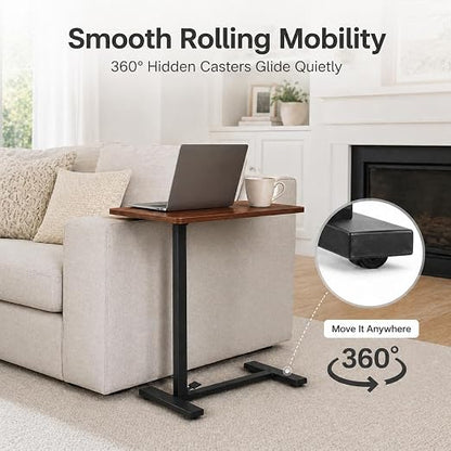 Mobile Standing Desk Adjustable Overbed Table, Pneumatic Height Adjustable Rolling Laptop Desk with Hidden Wheels, 0-180°Tilt Top Rolling Computer Cart Foldable for Home Office, Craft & Study, Brown