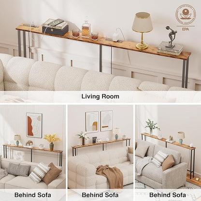 Keelian 90" Narrow Sofa Table - 2 Power Outlets & 4 USB Ports, Metal Frame,Perfect for Hallway, Office, and Behind Sofa - Easy Assembly, 4.9ft Extension Cord Included Rustic Brown