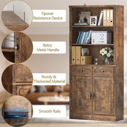 Thacuok 72'' Tall Bookcase with Doors and Drawers, Adjustable Shelves, P2 MDF Construction, 32'' Wide Freestanding Cabinet with Metal Handles, Hidden Storage for Living Room, Bedroom