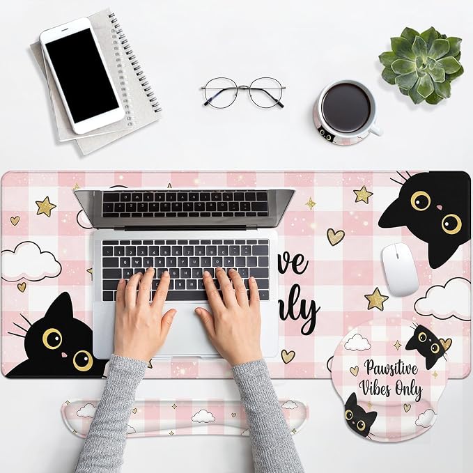 Britimes Pink Cat Kawaii Keyboard Mouse Pad Set Cloud Gingham 4in1 Large Mousepad+Keyboard Wrist Rest+Mouse Wrist Rest+Coaster Ergonomic Design for Home Office Computer 35.4x15.7 inches