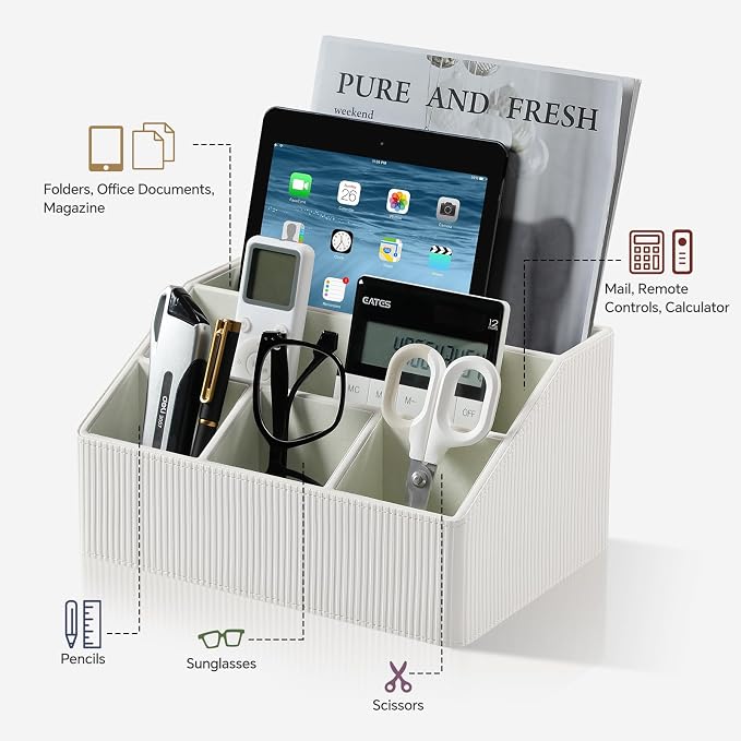 Desk Organizer Caddy with 5 Compartments for Office Art Supplies, PU Leather Nightstand Organizer Pencil Pen Desk Caddy for Home, Desktop TV Remote Control Holder Storage (Striped Ivory)