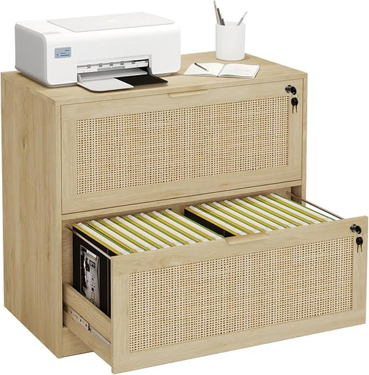 HOPUBUY 2 Drawer File Cabinet with Lock, Wood Rattan Lateral Filing Cabinet for Home Office, Printer Stand for Letter/Legal/A4/F4 Size, Adjustable Hanging Bars, Natural Wood