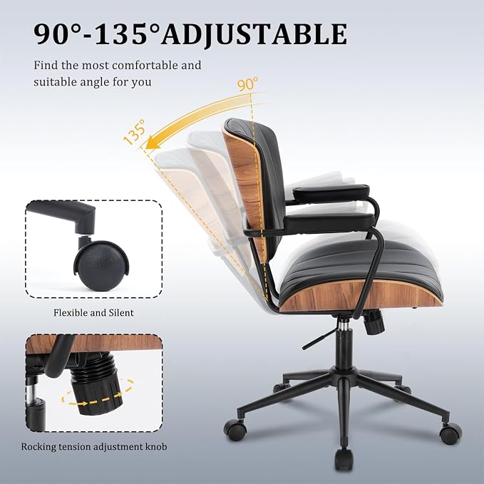 Mid Century Modern Office Chair, Fixed Back Rolling Desk Chair with Armrests and Walnut Back, Adjustable Height for Home Office, Black