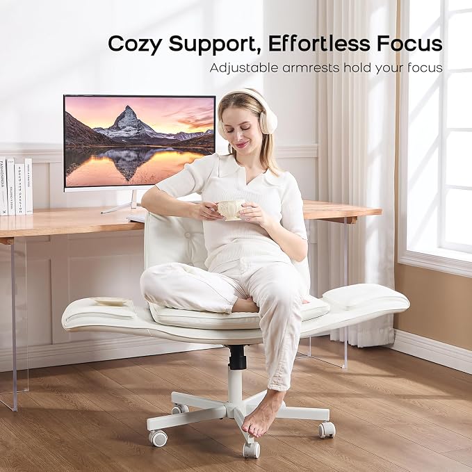 amseatec Criss Cross Office Chair, PU Leather Vanity Chair with 5-Level Adjustable Armrests & Swivel, Ergonomic Criss Cross Chair for Home Office Bedroom Makeup（White）