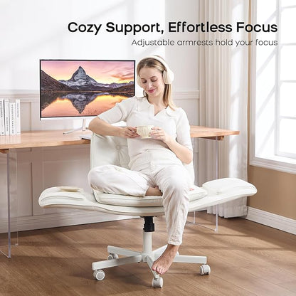 amseatec Criss Cross Office Chair, PU Leather Vanity Chair with 5-Level Adjustable Armrests & Swivel, Ergonomic Criss Cross Chair for Home Office Bedroom Makeup（White）